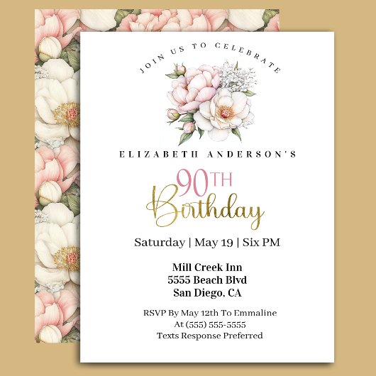 Invitation Pretty Blush Pink Peony Floral 90th Birthday