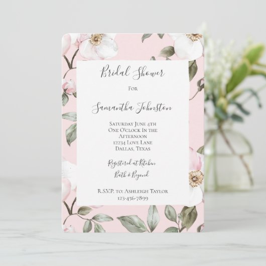 Invitation Pretty Blush Pink White Flowers Bridal Shower (Debout devant)