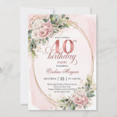 Invitation Pretty Bohemian Dusty Pink Flowers 40th Birthday  (Devant)
