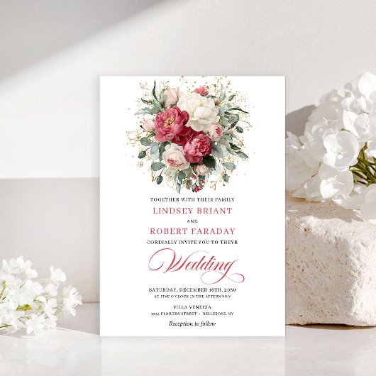 Invitation Pretty Bohemian Red White Gold Roses Wedding Invit