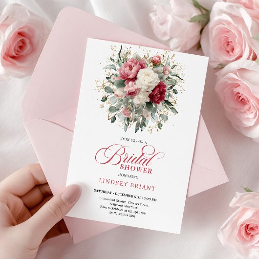 Invitation Pretty Boho Ruby White Gold Floral Bridal Shower 