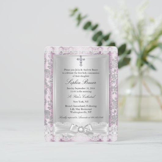 Invitation Pretty Bow Cross Première communion rose 3 (Debout devant)