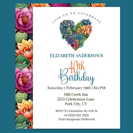 Invitation Pretty Cactus Heart 40th Birthday