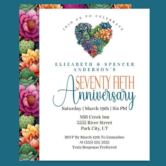 Invitation Pretty Cactus Heart 75th Wedding Anniversary