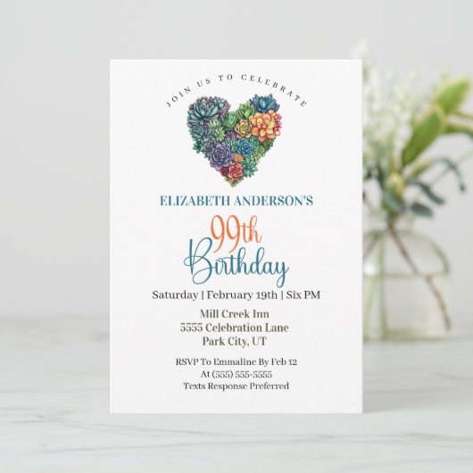 Invitation Pretty Cactus Heart 99th Birthday (Debout devant)