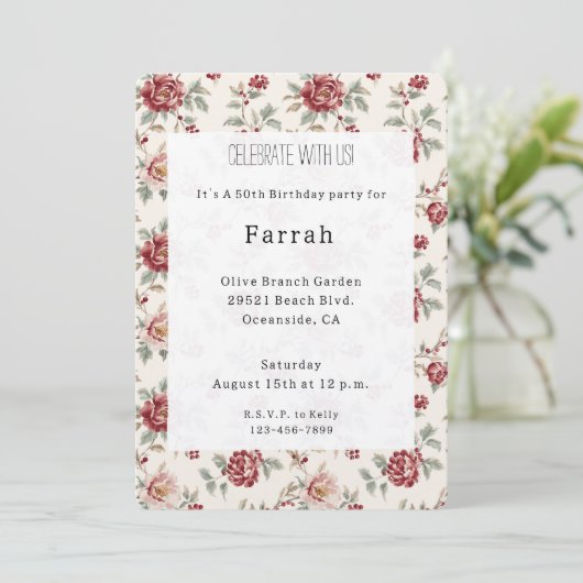 Invitation Pretty Chic Red Cream Floral Birthday   (Debout devant)