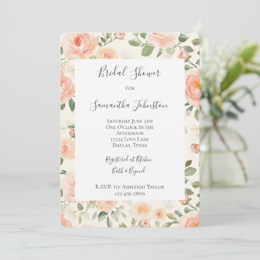Invitation Pretty Cream Peach Floral Bridal Shower (Debout devant)