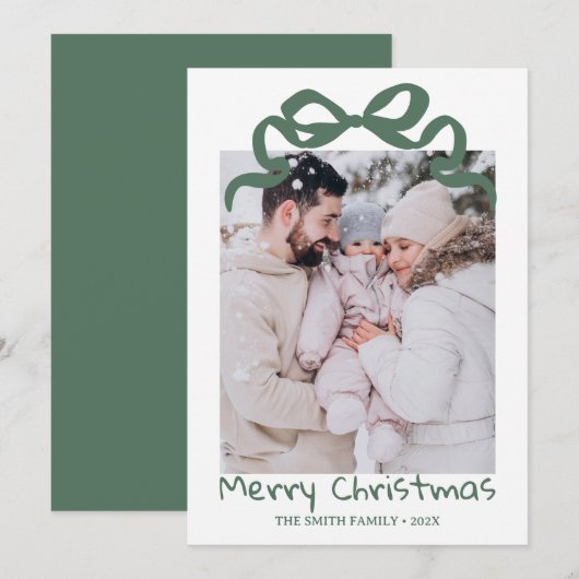 Invitation Pretty cute Christmas Green Bow Photo card (Devant / Derrière)