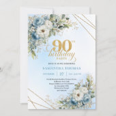 Invitation Pretty Dusty Blue Gold Border 90th Birthday Invite (Devant)