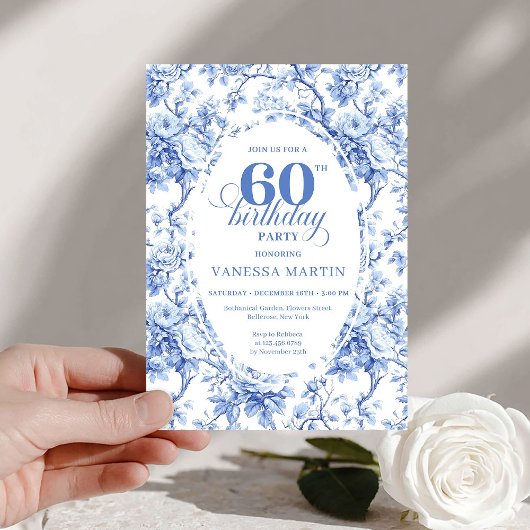 Invitation Pretty Dusty Blue Toile Roses 60th Birthday Invite