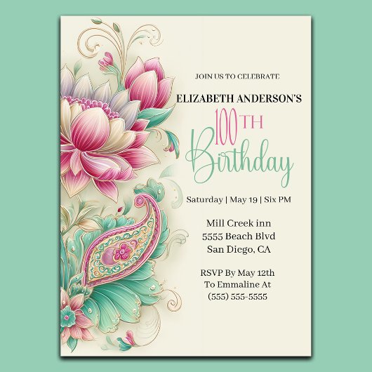 Invitation Pretty Fancy Paisley Flower 100th Birthday