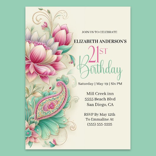 Invitation Pretty Fancy Paisley Flower 21st Birthday