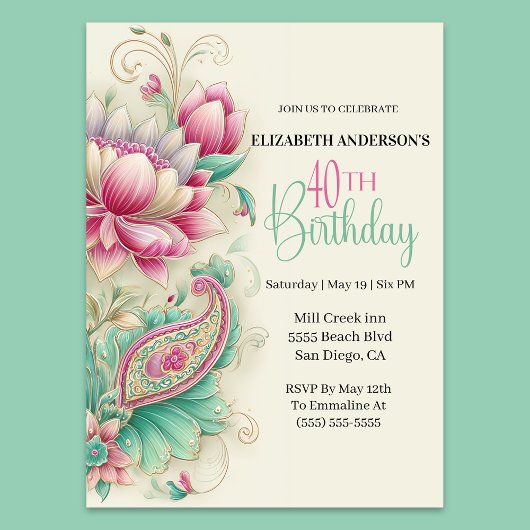 Invitation Pretty Fancy Paisley Flower 40th Birthday