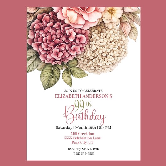 Invitation Pretty Hydrangea Rose 99th Birthday