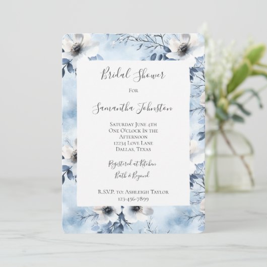 Invitation Pretty Light Blue White Flowers Bridal Shower (Debout devant)