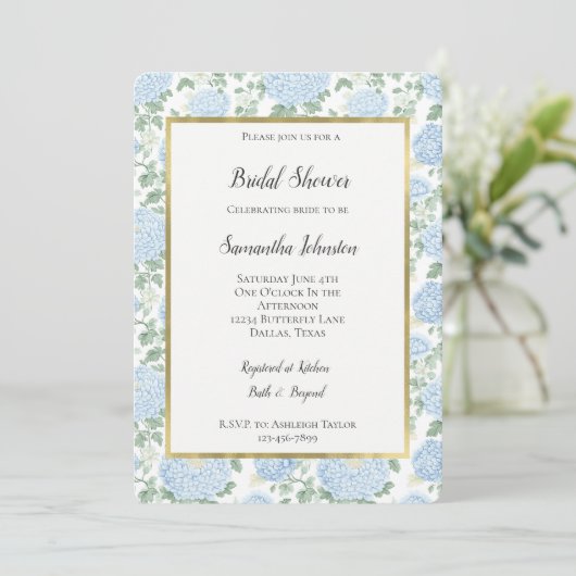 Invitation Pretty Light Blue White Flowers Bridal Shower (Debout devant)