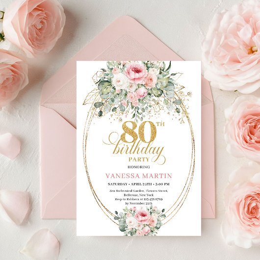 Invitation Pretty Minimal Blush Floral 80th Birthday Invite