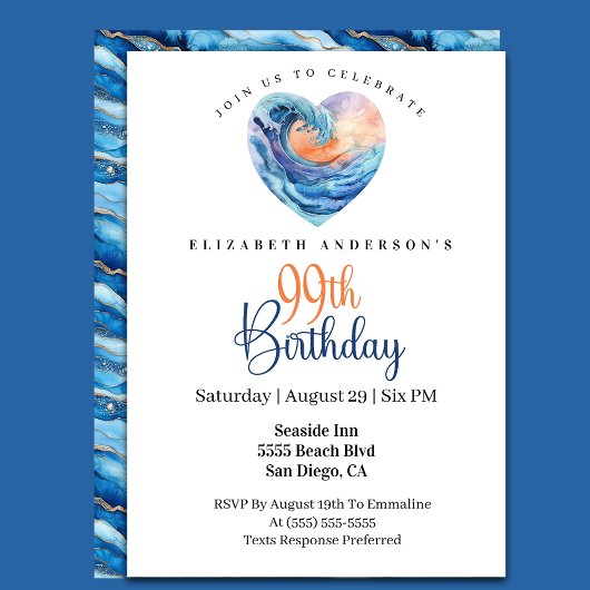 Invitation Pretty Ocean Wave Heart 99th Birthday