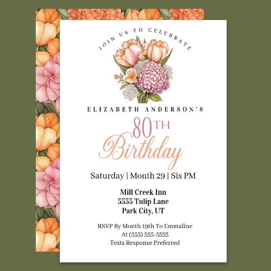 Invitation Pretty Pink and Orange Tulip 80th Birthday