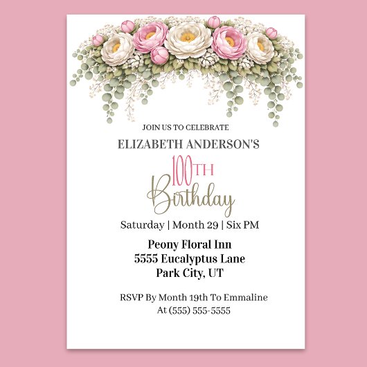 Invitation Pretty Pink and White Peony 100th Birthday