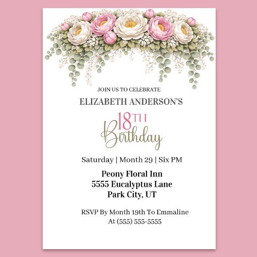 Invitation Pretty Pink and White Peony 18th Birthday