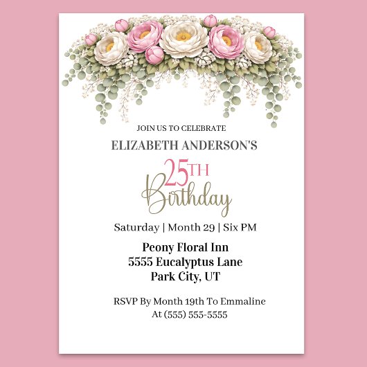 Invitation Pretty Pink and White Peony 25th Birthday