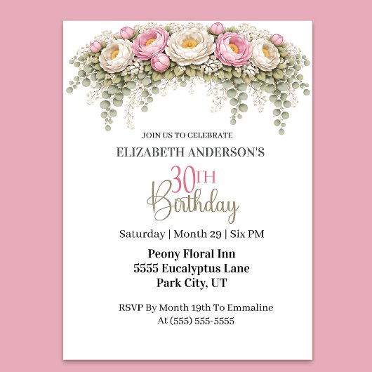 Invitation Pretty Pink and White Peony 30th Birthday