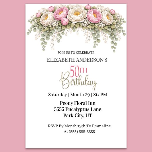 Invitation Pretty Pink and White Peony 50th Birthday