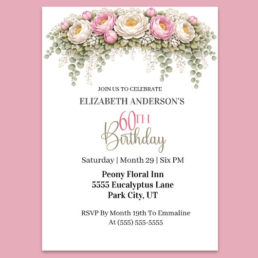 Invitation Pretty Pink and White Peony 60th Birthday