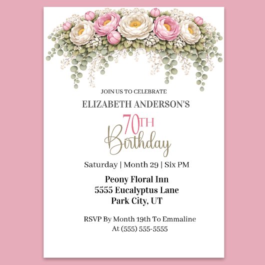 Invitation Pretty Pink and White Peony 70th Birthday