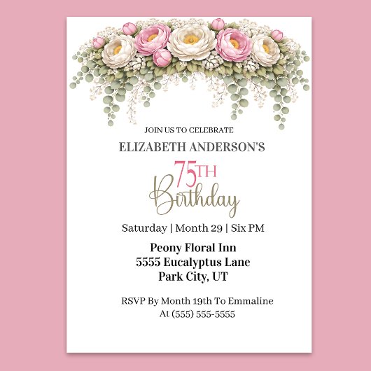 Invitation Pretty Pink and White Peony 75th Birthday