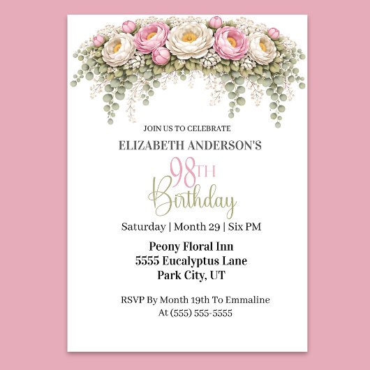 Invitation Pretty Pink and White Peony 98th Birthday