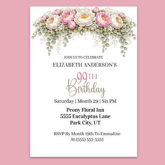Invitation Pretty Pink and White Peony 99th Birthday