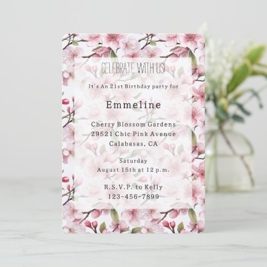 Invitation Pretty Pink Cherry Blossom Floral Birthday (Debout devant)