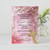 Invitation Pretty Pink Pearl Cross CONFIRMATION (Debout devant)