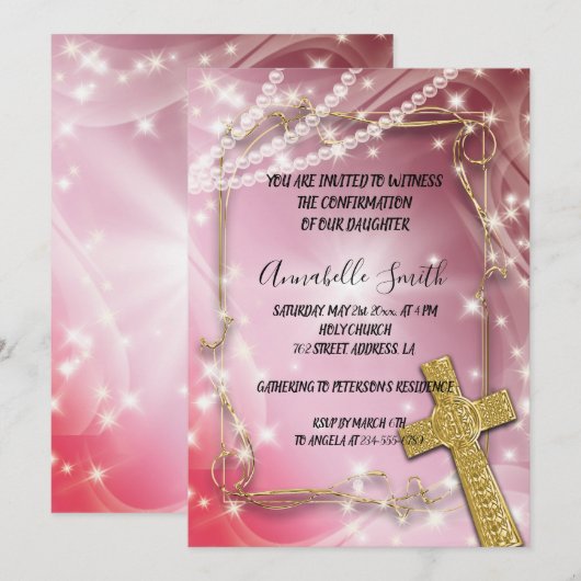Invitation Pretty Pink Pearl Cross CONFIRMATION (Devant / Derrière)