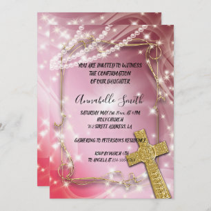 Invitation Pretty Pink Pearl Cross CONFIRMATION