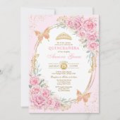 Invitation Pretty Pink Roses Butterflies Quinceañera (Devant)
