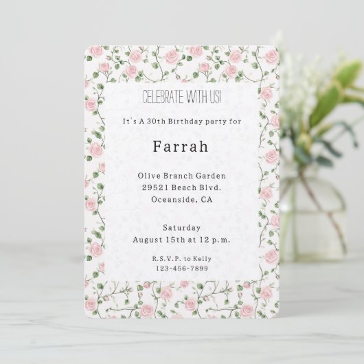 Invitation Pretty Pink Roses Floral Birthday   (Debout devant)