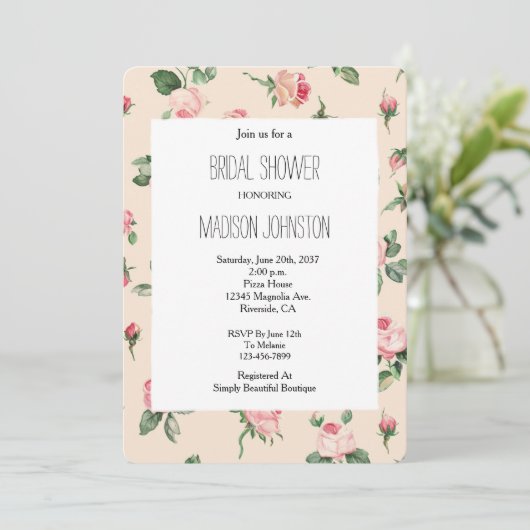 Invitation Pretty Pink Roses Floral Bridal Shower (Debout devant)
