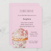 Invitation Pretty Pink Roses Floral Cupcake Birthday (Devant / Derrière)