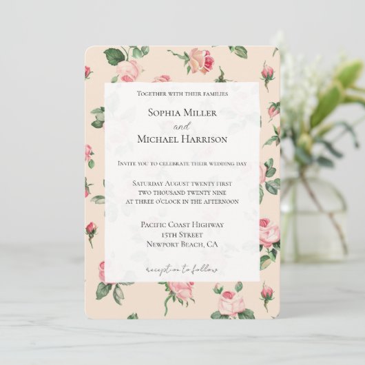 Invitation Pretty Pink Roses Floral Wedding (Debout devant)
