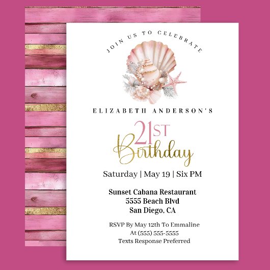Invitation Pretty Pink Seashell and Pearls 21st Birthday