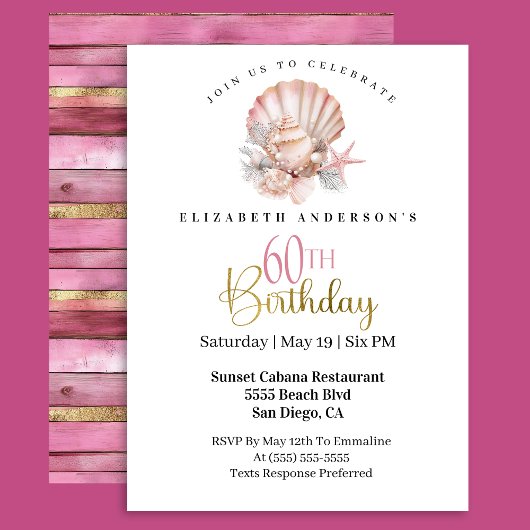 Invitation Pretty Pink Seashell and Pearls 60th Birthday