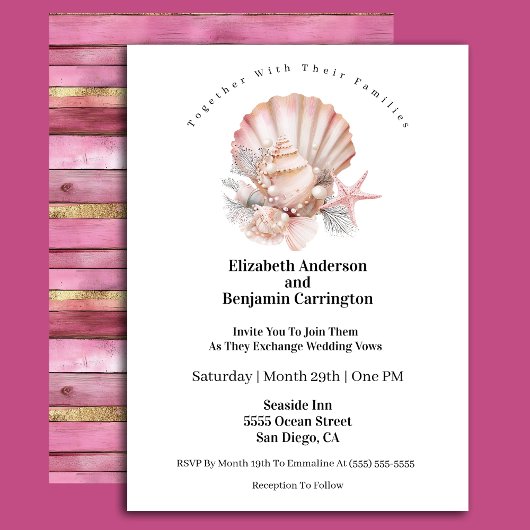 Invitation Pretty Pink Seashell and Pearls Wedding