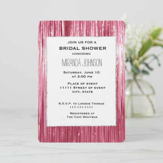 Invitation Pretty Pink Tinsel Stripes Bridal Shower (Debout devant)