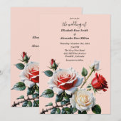 Invitation Pretty pink white red roses floral wedding (Devant / Derrière)