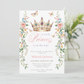 Invitation Pretty Princess Gold Crown Pink Floral Baby Shower (Debout devant)