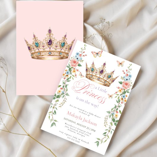 Invitation Pretty Princess Gold Crown Pink Floral Baby Shower
