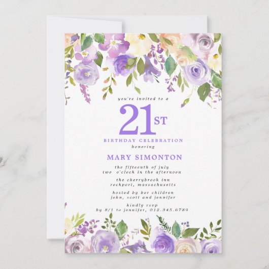 Invitation Pretty Purple Floral 21st Birthday Party (Devant)